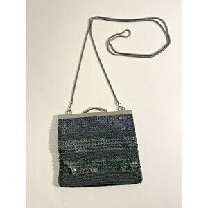Loft Crossbody Formal Evening Bag Black Sequin Silk Gunmetal Strap Purse